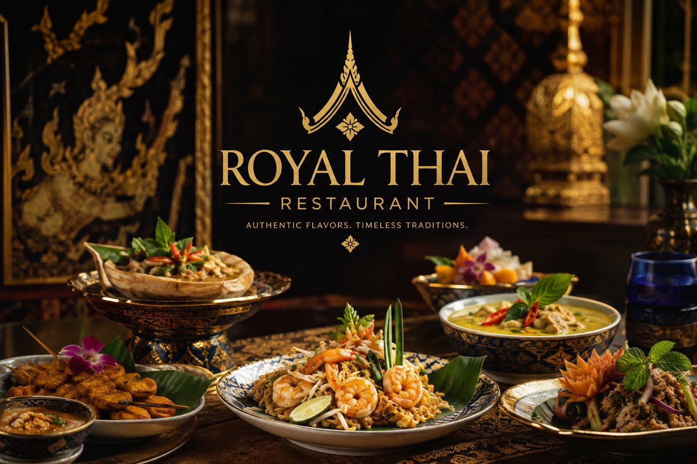 Stół zastawiony tajskimi daniami w Royal Thai Restaurant